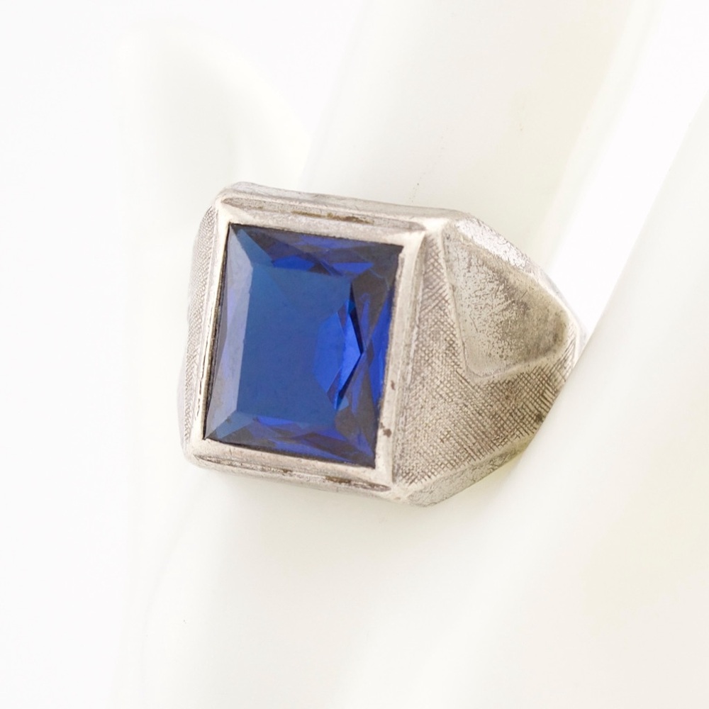 Vintage Synthetic Blue Spinel Sterling Silver Ring Men’s Size 10 Emerald-Cut
